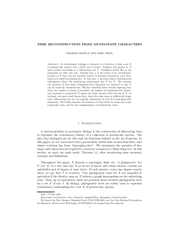 (PDF) Tree Reconstruction from Multi-State Characters