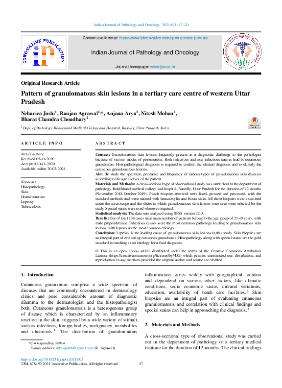 (PDF) Pattern of granulomatous skin lesions in a tertiary care centre ...