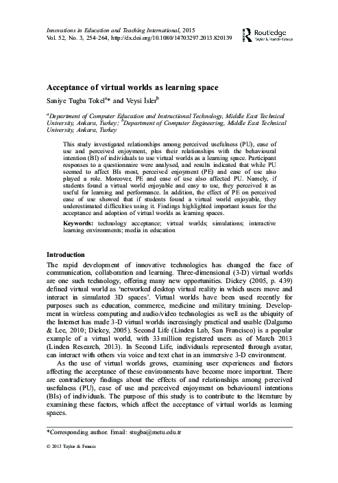 (PDF) Acceptance of virtual worlds as learning space