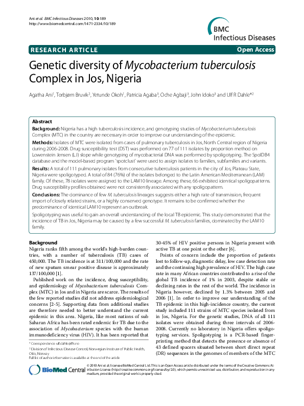 (PDF) Genetic Diversity of Mycobacterium Tuberculosis Isolates from the ...