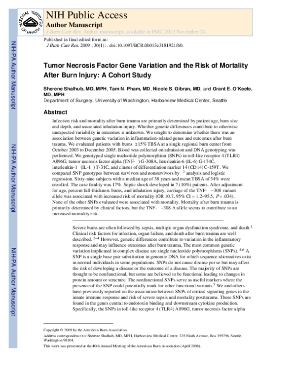 (PDF) Tumor Necrosis Factor Gene Variation and the Risk of Mortality ...