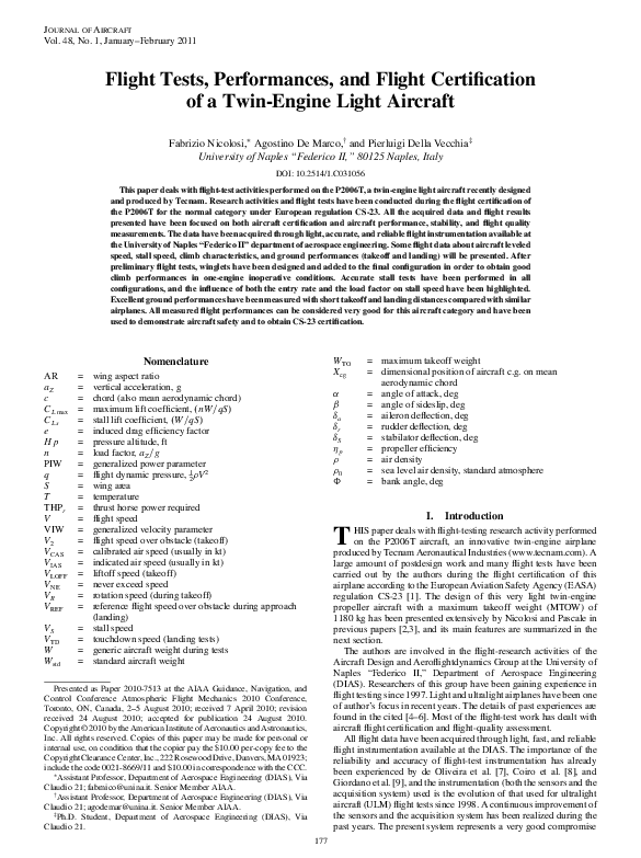 (PDF) Flight Tests, Performances, and Flight Certification of a Twin ...