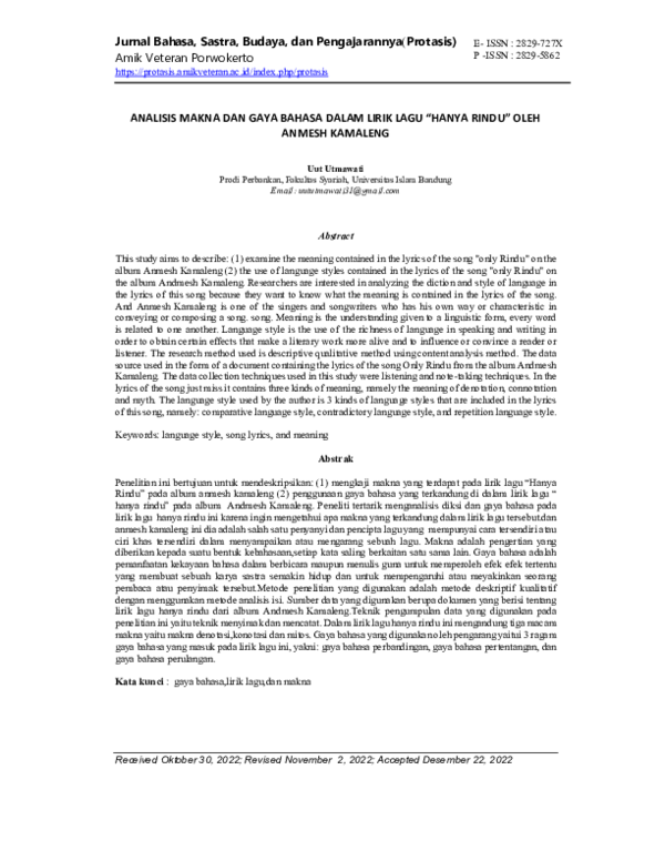 (PDF) Analisis Makna Dan Gaya Bahasa Dalam Lirik Lagu “Hanya Rindu ...