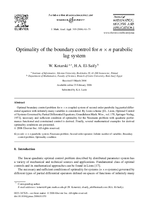 (PDF) Optimality of the boundary control for n×n parabolic lag system