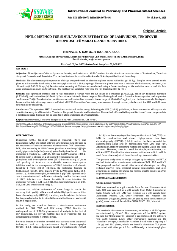 (PDF) HPTLC Method for Simultaneous Estimation of Lamivudine, Tenofovir ...