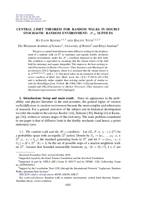 (PDF) Central limit theorem for random walks in doubly stochastic ...