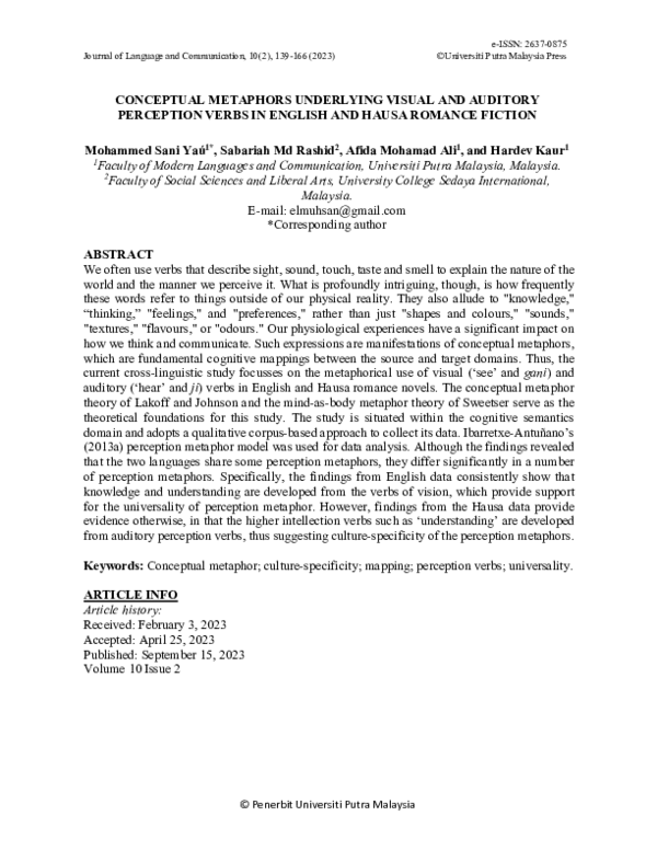 (PDF) CONCEPTUAL METAPHORS UNDERLYING VISUAL AND AUDITORY PERCEPTION ...