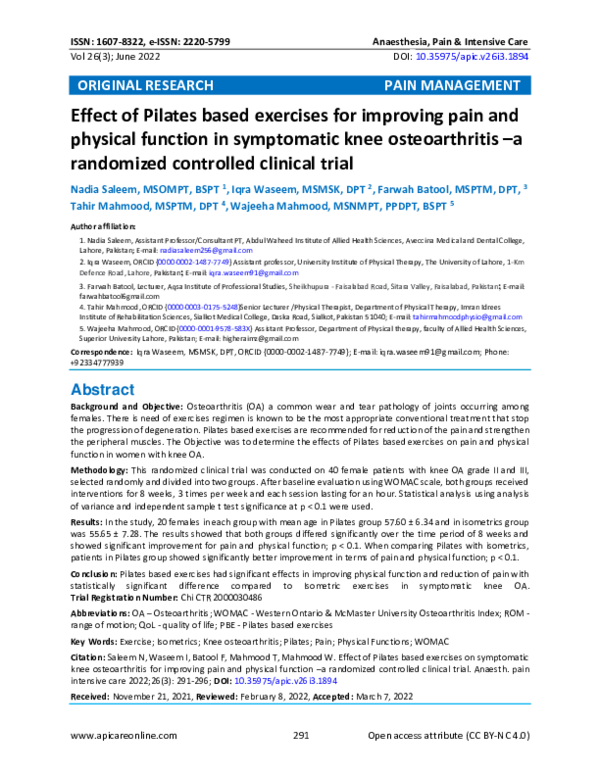 (PDF) Effect of Pilates based exercises for improving pain and physical ...