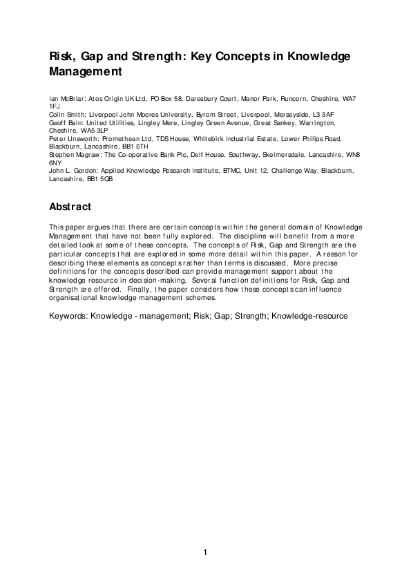 (PDF) Risk, gap and strength: key concepts in knowledge management