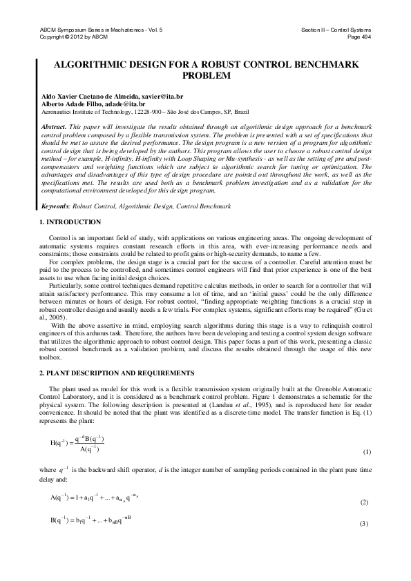 (PDF) Algorithmic Design for a Robust Control Benchmark Problem