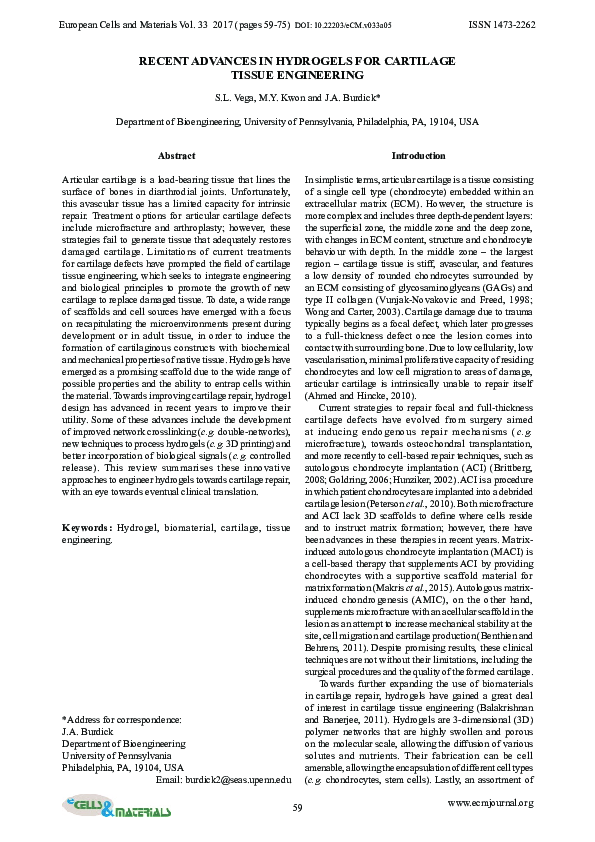 (PDF) Recent advances in hydrogels for cartilage tissue engineering