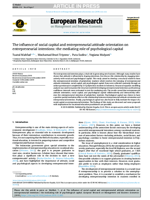 (PDF) The influence of social capital and entrepreneurial attitude ...