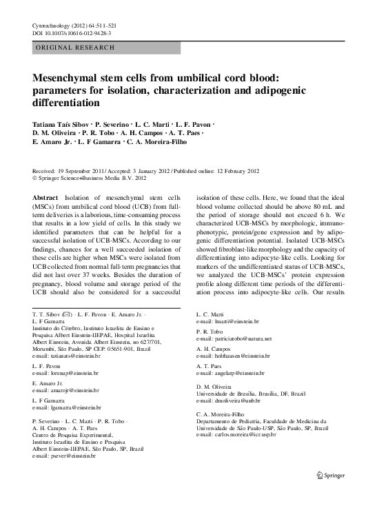 (PDF) Mesenchymal stem cells from umbilical cord blood: parameters for ...