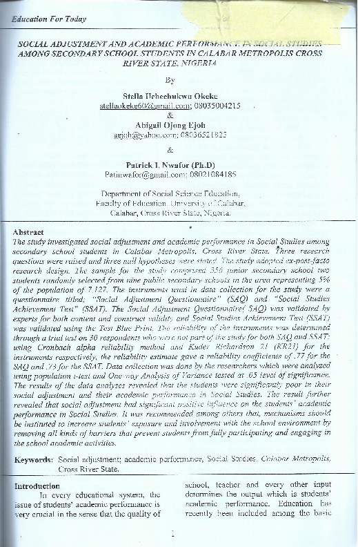 (PDF) Social Adjustment and Academic Performance in Social Studies ...