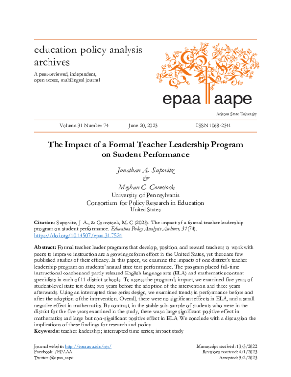 (PDF) The impact of a formal teacher leadership program on student ...