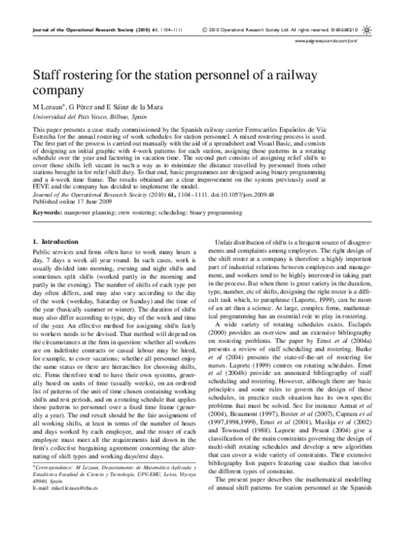 (PDF) Staff rostering for the station personnel of a railway company