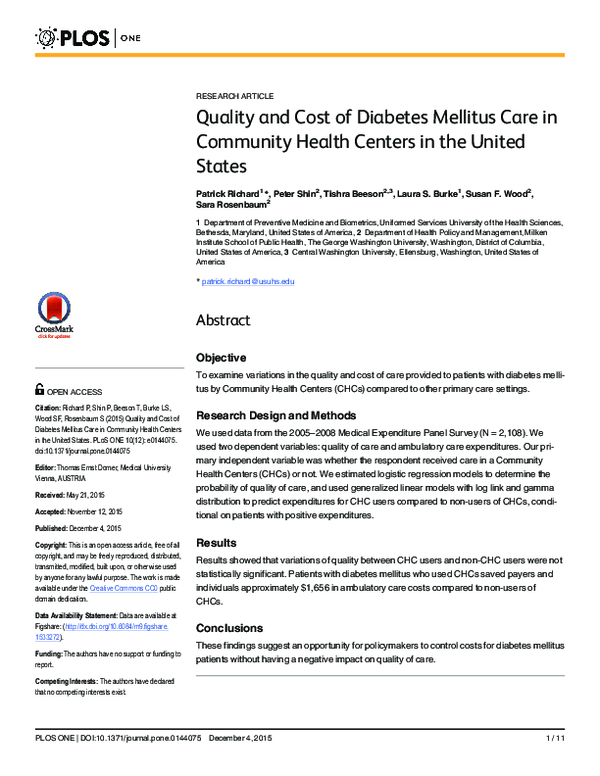 (PDF) Quality and Cost of Diabetes Mellitus Care in Community Health ...
