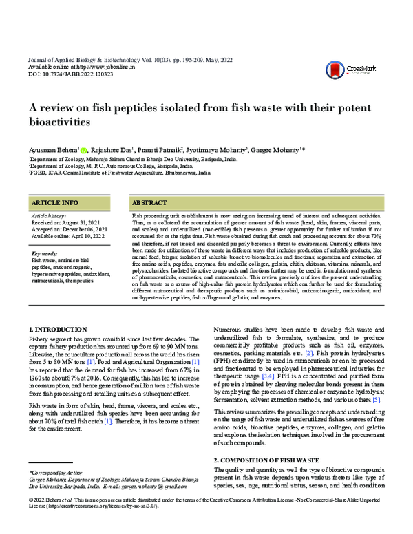 Pdf A Review On Fish Peptides Isolated From Fish Waste With Their