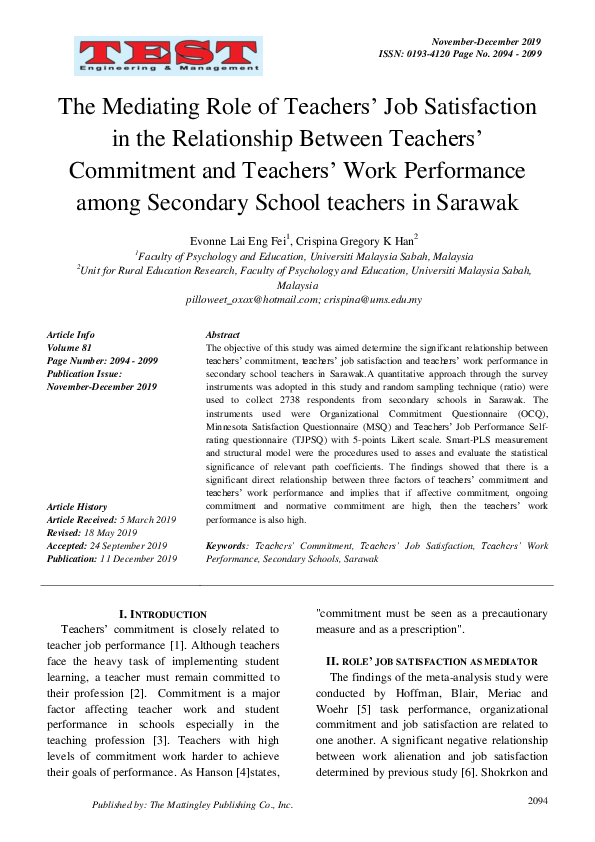 (PDF) The Mediating Role of Teachers’ Job Satisfaction in the ...