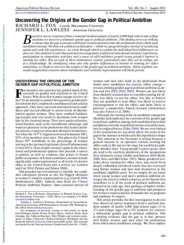 (PDF) Uncovering the Origins of the Gender Gap in Political Ambition