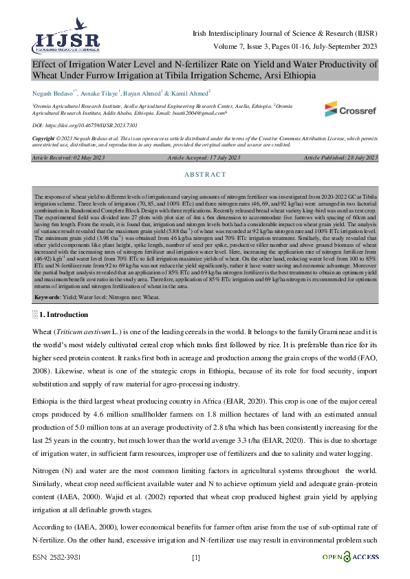 (PDF) Effect of Irrigation Water Level and N-fertilizer Rate on Yield ...