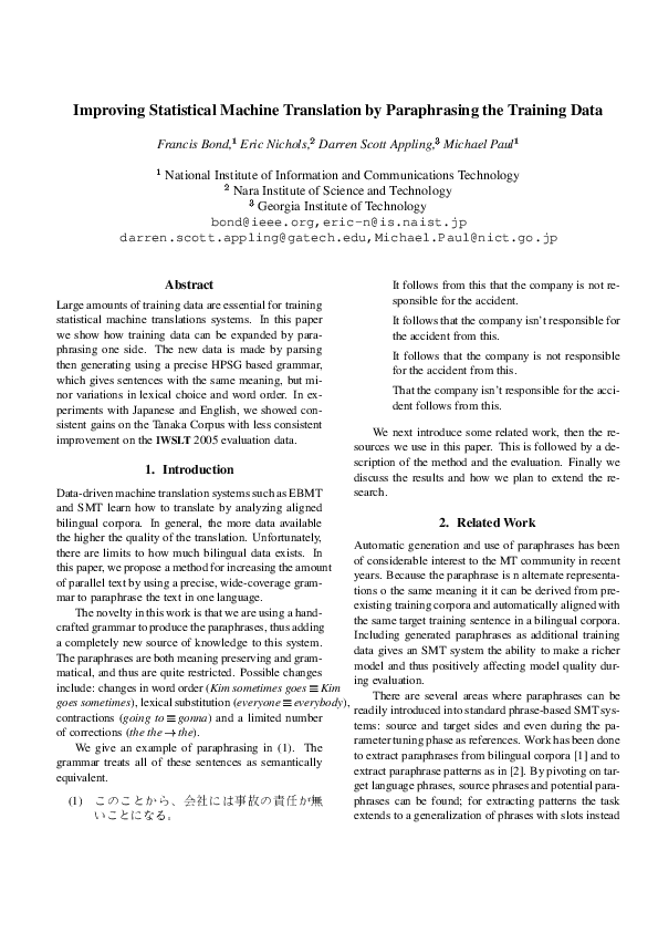 (PDF) Improving Statistical Machine Translation by Adapting Translation ...