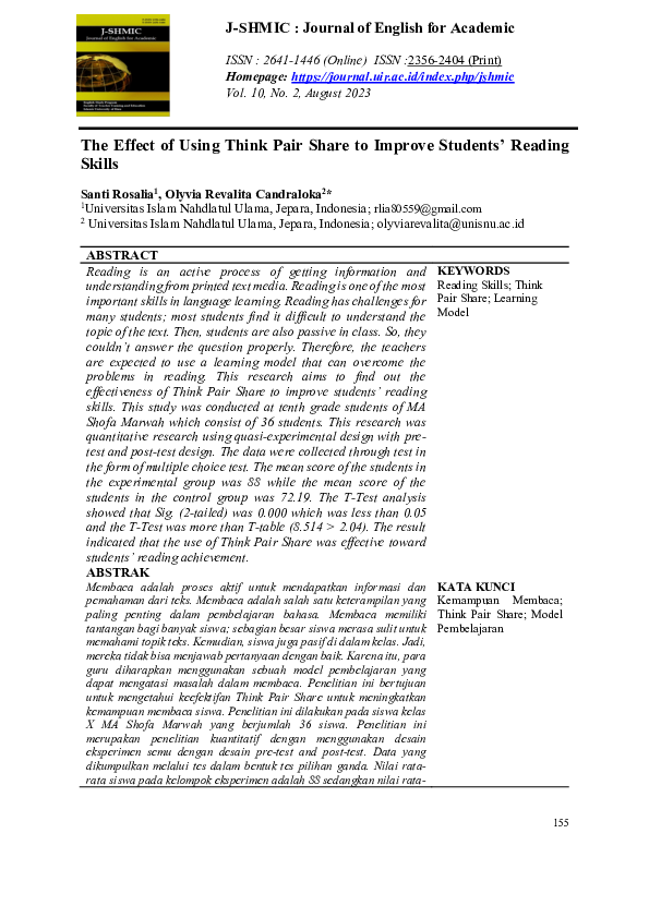 (PDF) The Effect of Using Think Pair Share to Improve Students’ Reading ...