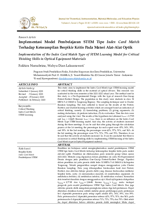 (PDF) Implementasi Model Pembelajaran STEM Tipe Index Card Match