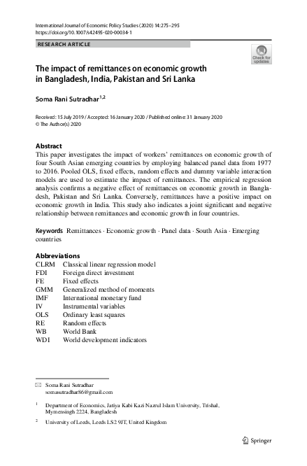 (PDF) The impact of remittances on economic growth in Bangladesh, India ...