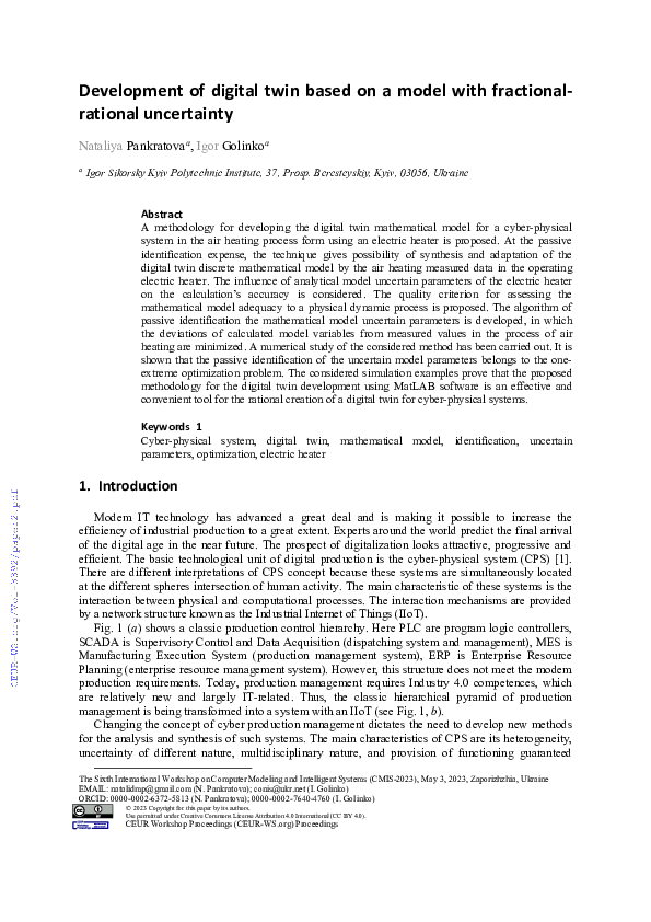 (PDF) Development of digital twin based on a model with ...