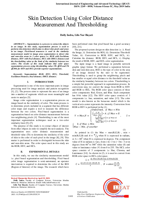 (PDF) Skin Detection Using Color Distance Measurement And Thresholding