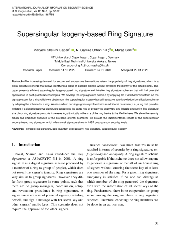 (PDF) Supersingular Isogeny-based Ring Signature