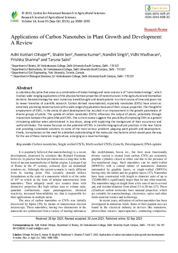 (PDF) Applications of Carbon Nanotubes in Plant Growth and Development ...