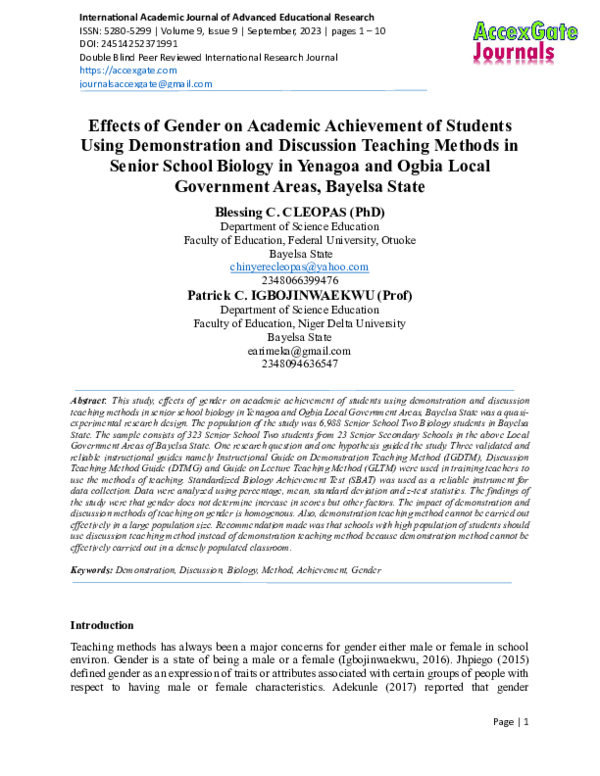 (PDF) Effects of Gender on Academic Achievement of Students Using ...