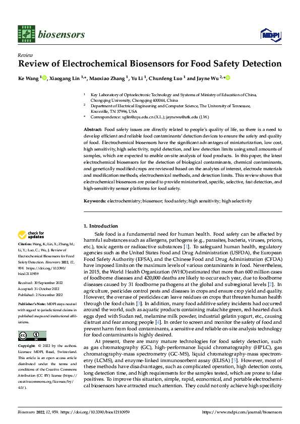 (PDF) Review of Electrochemical Biosensors for Food Safety Detection