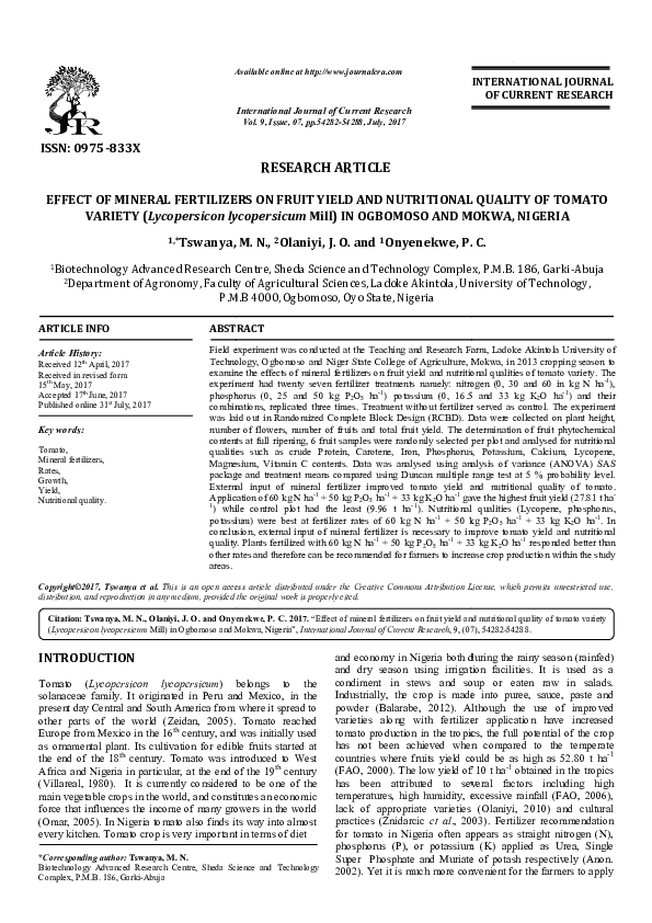 (PDF) EFFECT OF MINERAL FERTILIZERS ON FRUIT YIELD AND NUTRITIONAL ...
