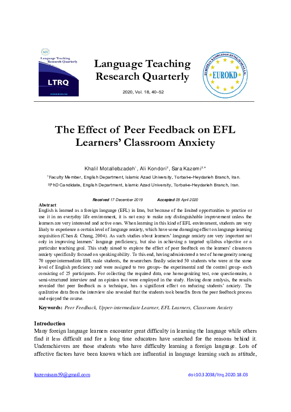(PDF) The Effect of Peer Feedback on EFL Learners’ Classroom Anxiety