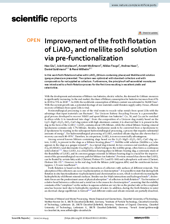 (PDF) Improvement of the froth flotation of LiAlO2 and melilite solid ...