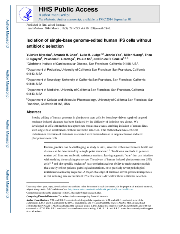 (PDF) Isolation of single-base genome-edited human iPS cells without ...