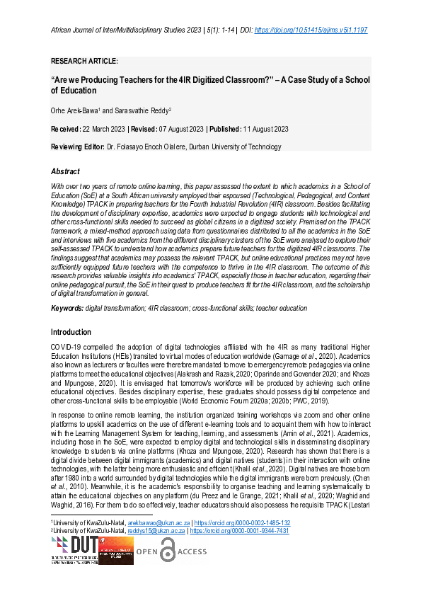 (PDF) “Are we Producing Teachers for the 4IR Digitized Classroom?” – A ...