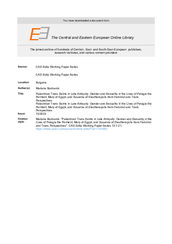 Palestinian Trans Saints in Late Antiquity: Gender, Sexuality, and Class in the Lives of Pelagia the Penitent, Mary of Egypt, and Susanna of Eleutheropolis from Feminist and Trans Perspectives