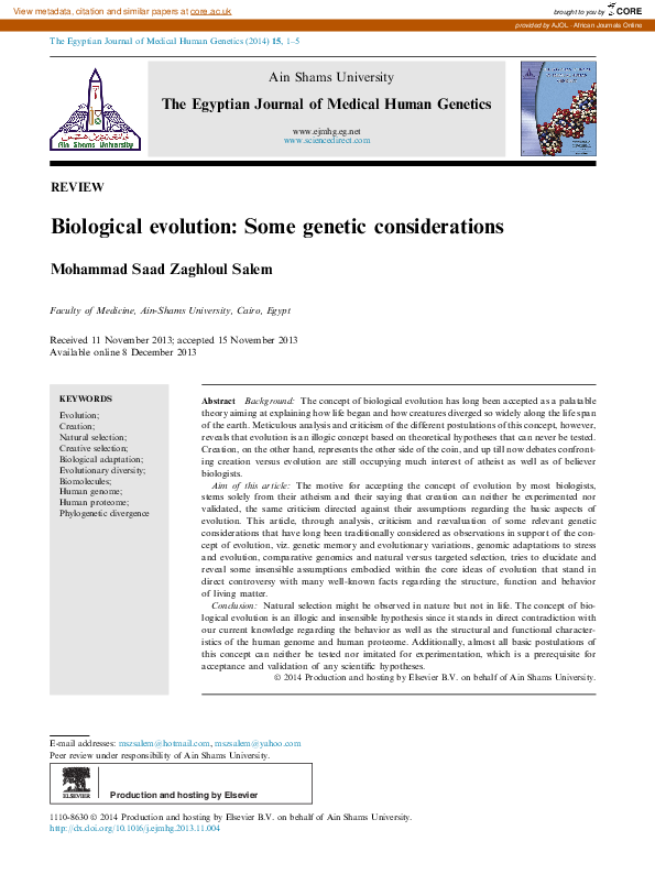 (PDF) Biological evolution: Some genetic considerations