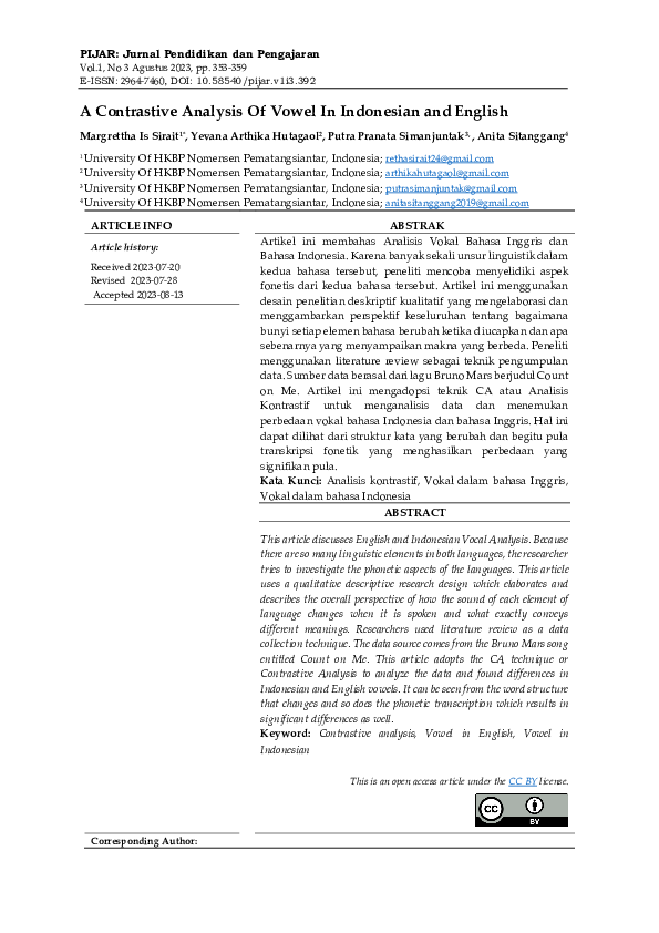 (PDF) A Contrastive Analysis Of Vowel In Indonesian and English