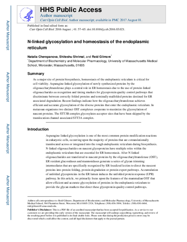 (PDF) N-linked glycosylation and homeostasis of the endoplasmic reticulum