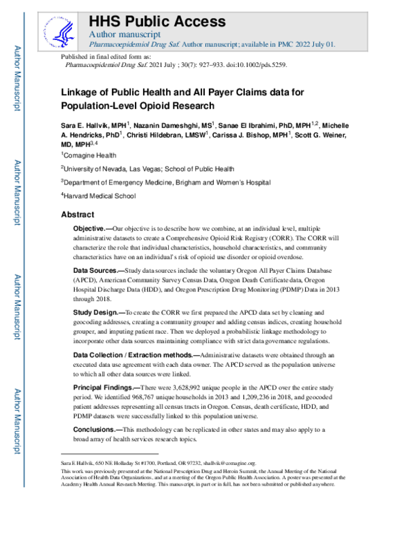 (PDF) Linkage of public health and all payer claims data for population ...
