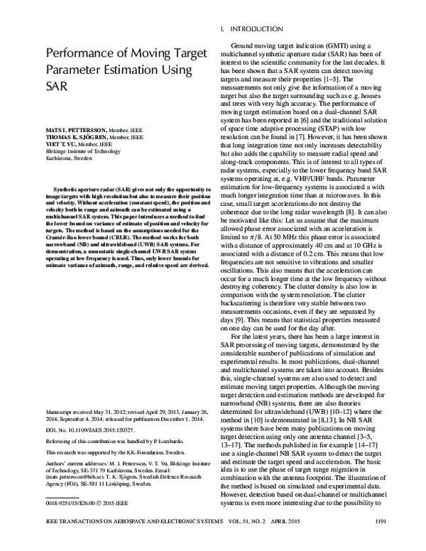 (PDF) Performance of moving target parameter estimation using SAR