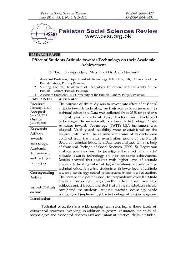 (PDF) Effect of Students Attitude towards Technology on their Academic ...
