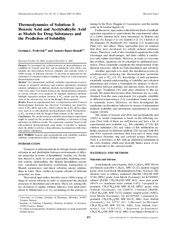 (PDF) Thermodynamics of Solutions I: Benzoic Acid and Acetylsalicylic ...