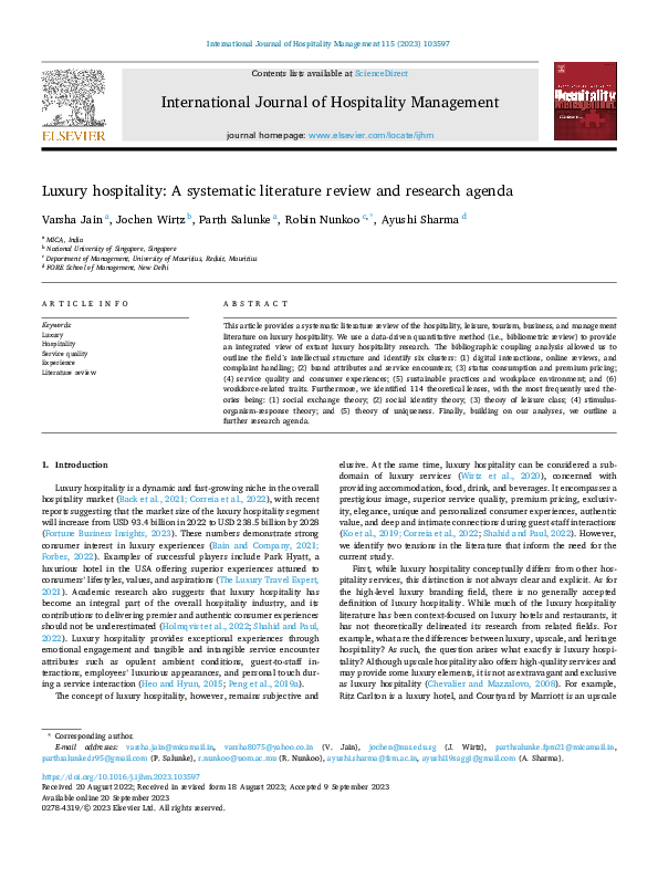 (PDF) Luxury hospitality: A systematic literature review and research ...