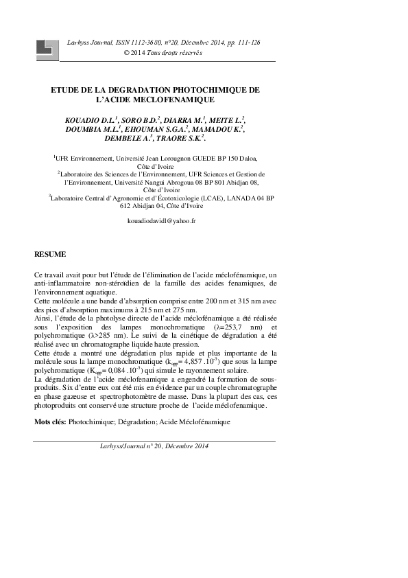 (PDF) Etude De La Degradation Photochimique De L’Acide Meclofenamique